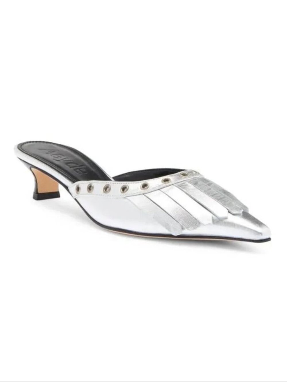 AEYDE Tania Kiltie Fringe Mule Kitten Heels EU 36 5 5.5 Silver Leather NEW $395